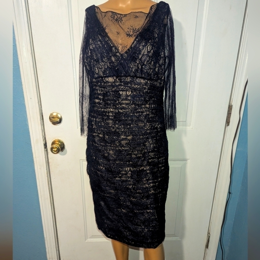 Teri Jon Blue Ruched Sheath Dress V-Neck 3/4 Sleeve